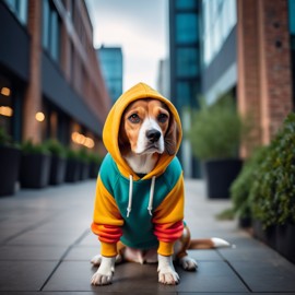 beagle in a colorful hoodie, set in a modern urban environment with a stylish and trendy vibe.