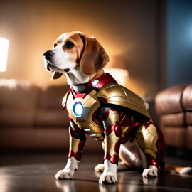 beagle as iron man, featuring a detailed iron man costume and a high-budget movie scene.