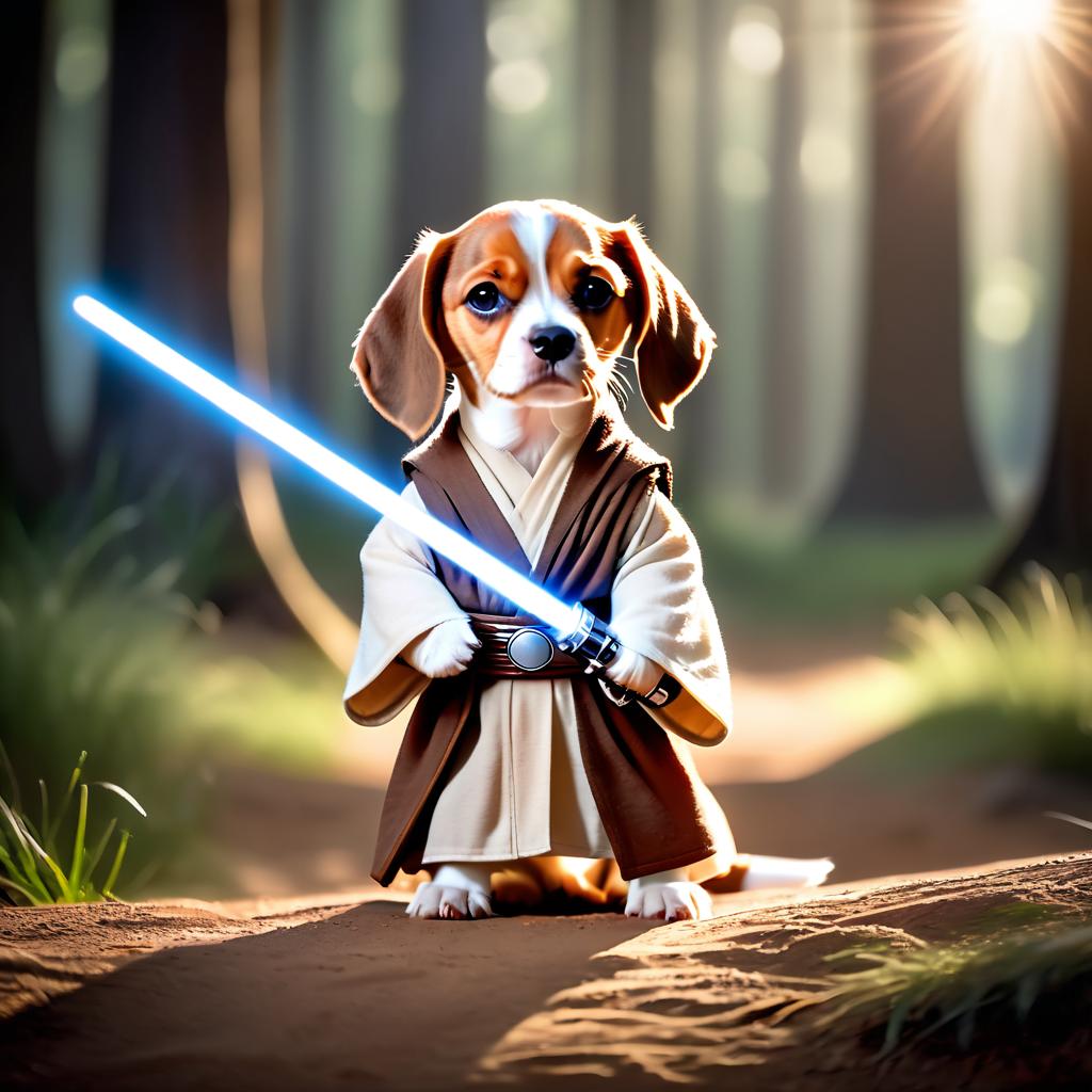 beagle as a jedi knight, featuring a lightsaber and a star wars environment in a high-detail, epic style.