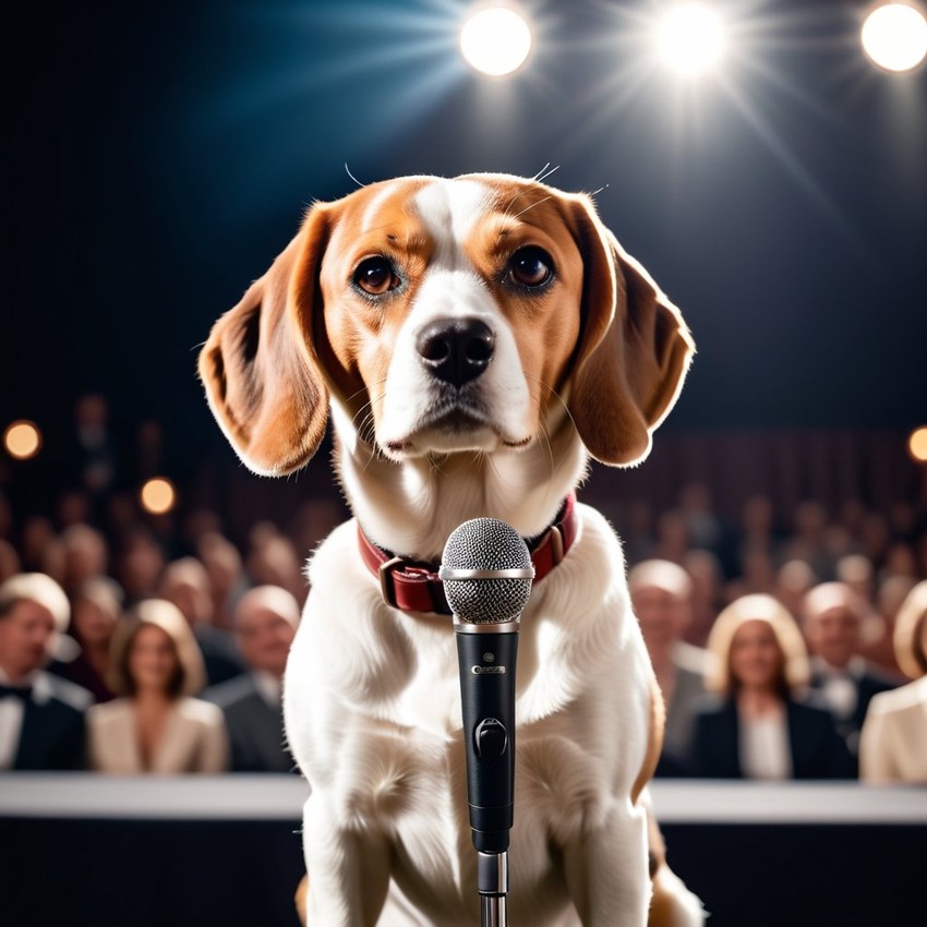 beagle as a keynote speaker on stage, dressed elegantly, holding a microphone, exuding charisma and confidence.