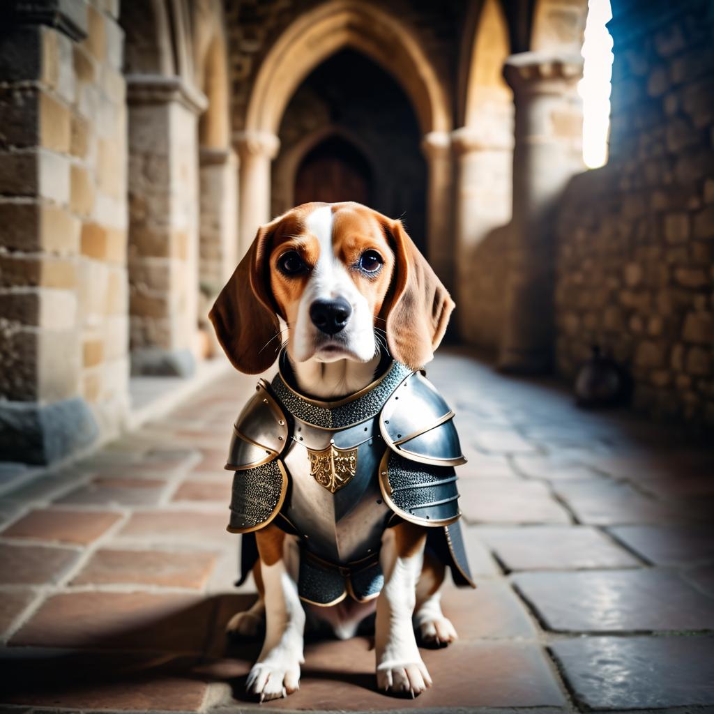 beagle as a medieval knight in a cinematic film still, detailed armor, set in a grand medieval castle.