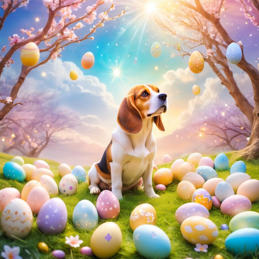 beagle in a magical easter setting with colorful eggs, ethereal and dreamy details.