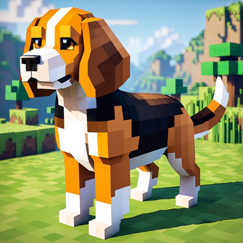 beagle as a minecraft character in pixel graphics, capturing the charm of the blocky minecraft universe.