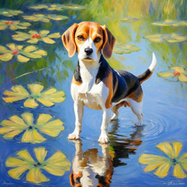 beagle in the style of monet, featuring delicate brush strokes and a classic, artistic appearance.