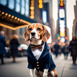 beagle in new york, dressed in classy clothing, against an iconic nyc backdrop with a cinematic, high-detail style.