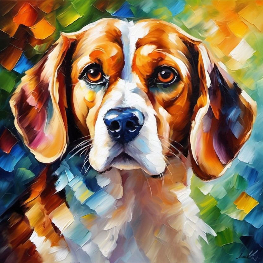 knife oil painting of beagle in the style of leonid afremov and degas, featuring vibrant, textured brushstrokes.