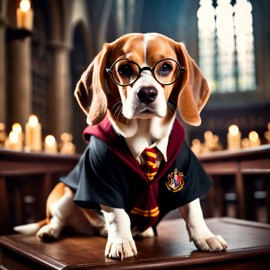 beagle as harry potter, with glasses and hogwarts setting, capturing the magical and epic essence.