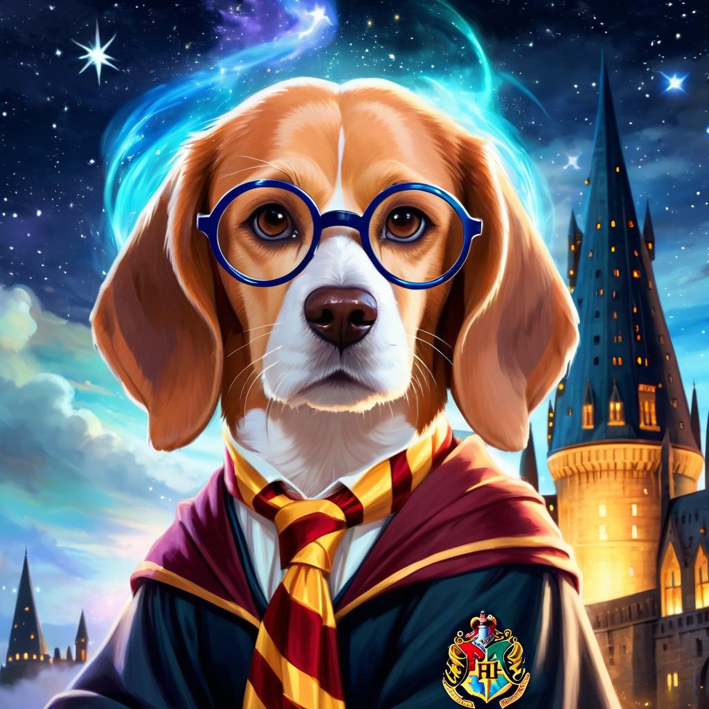 beagle as harry potter, with glasses and a magical hogwarts setting, evoking a celestial and epic feel.