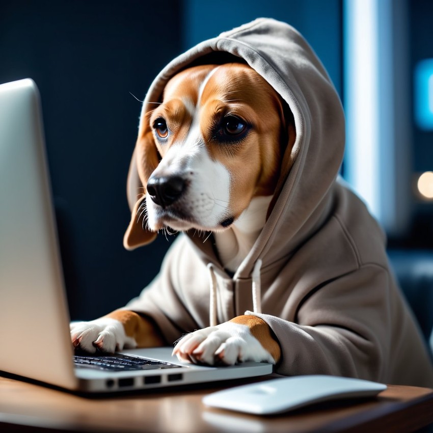 beagle as a programmer, working on a laptop in a hoodie, capturing a cute and happy moment.