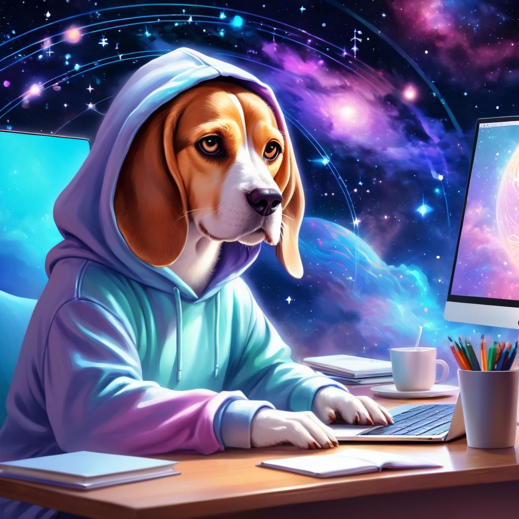 beagle as a programmer, working on a laptop in a hoodie, capturing a cute and magical moment.