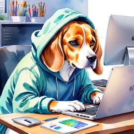 watercolor illustration of beagle as a programmer, working on a laptop in a hoodie, capturing a cute and vibrant scene.