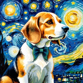 beagle by van gogh, featuring starry night brush strokes, capturing a cute and happy expression.