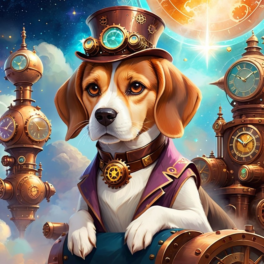 beagle in a steampunk style, cute and happy, with a magical and painterly quality.