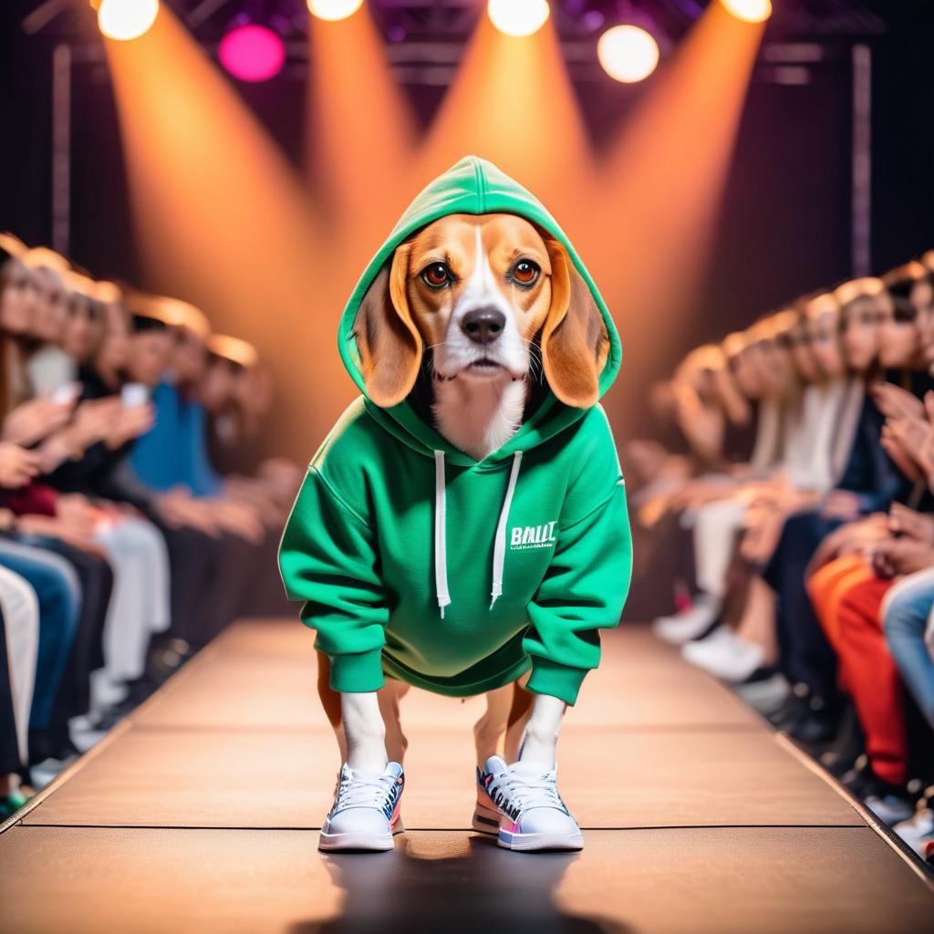 beagle strutting down the fashion show catwalk stage in trendy streetwear including a cool hoodie and sneakers, high energy and trendy.