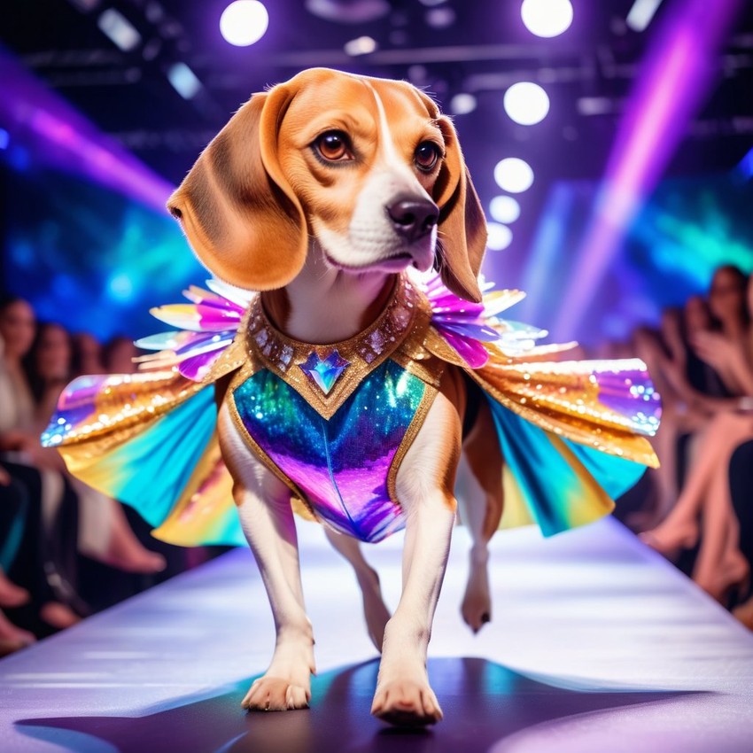 beagle strutting down the fashion show catwalk stage in an extravagant cosmic-themed outfit with iridescent fabrics, high energy and extravagant.