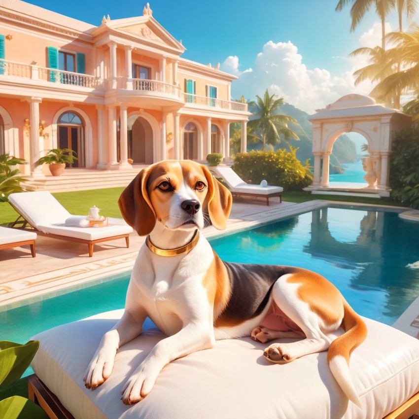 beagle suntanning next to a luxurious villa pool, capturing a posh and magical moment.