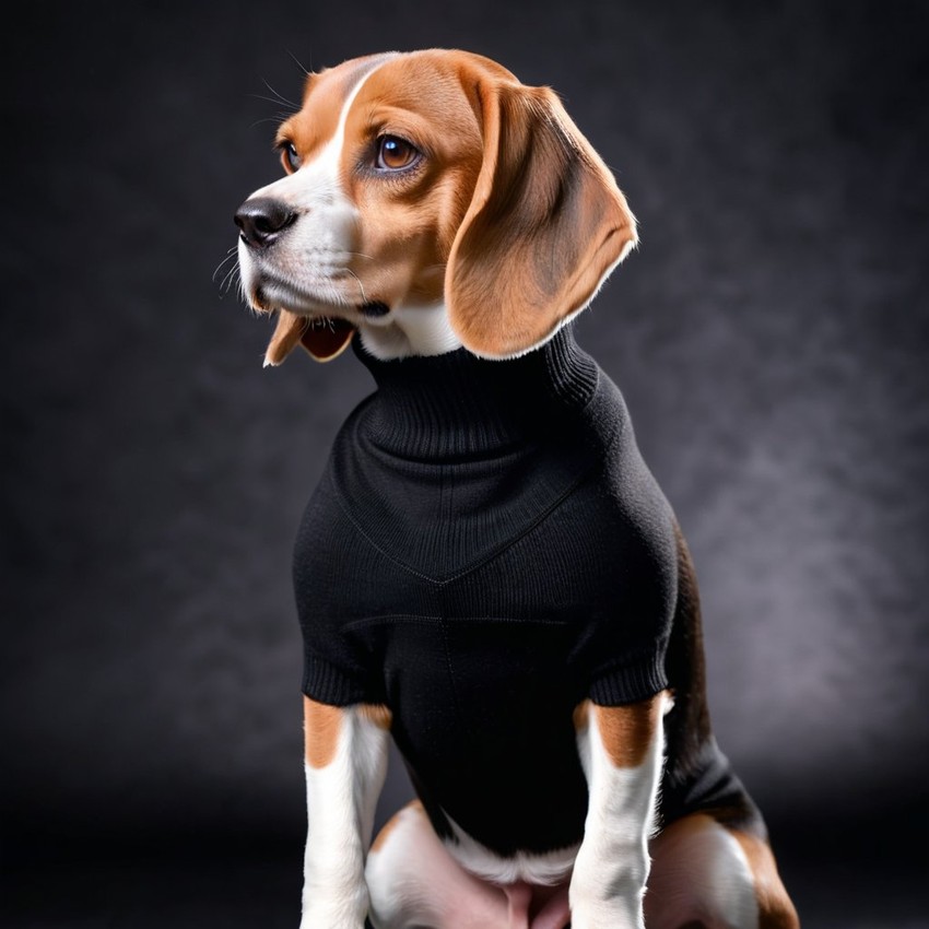 beagle in a black turtleneck, against a diffused background, looking cute and elegant.