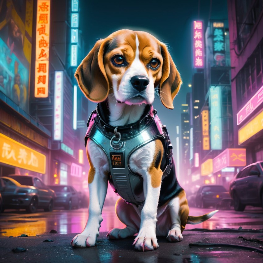 beagle in a vibrant neon city with chinapunk style, featuring captivating lighting and a modern, exotic look.