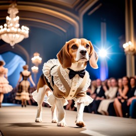 beagle strutting down the fashion show catwalk stage in a vintage victorian outfit with lace and ruffles, high energy and majestic.