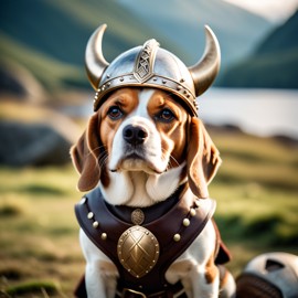 beagle as a viking, wearing traditional armor and helmet, set in a detailed viking environment.