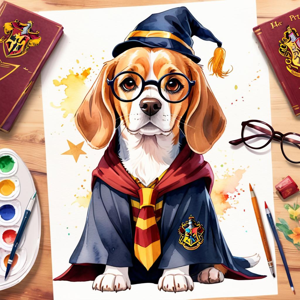 watercolor painting of beagle as harry potter, complete with glasses and hogwarts backdrop, highlighting a vibrant and magical scene.