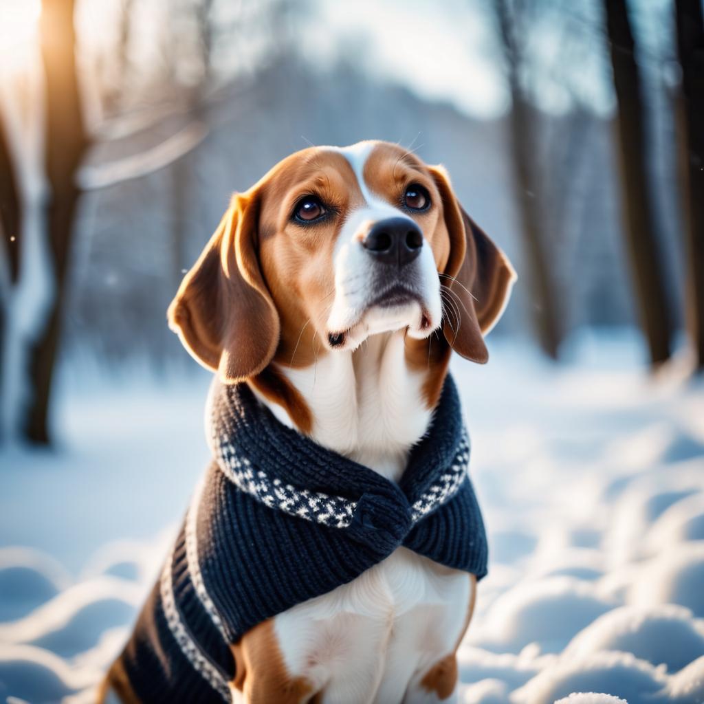 beagle in a beautiful winter scene, wearing stylish winter clothing, looking cute and happy.