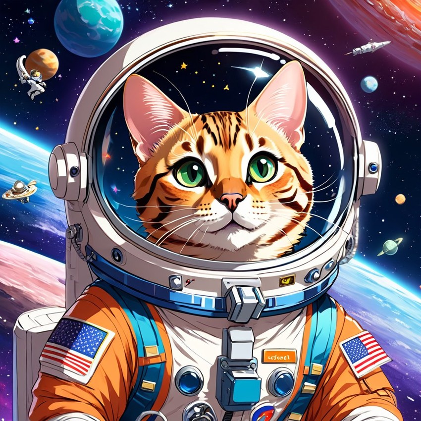 anime illustration of bengal cat as astronaut in space, wearing spacesuit, vibrant and detailed.