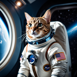 bengal cat as astronaut in space, wearing spacesuit, with spacestation background.