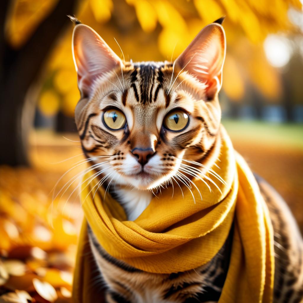 cinematic autumn scene of bengal cat in a yellow scarf, highly detailed and beautiful.