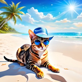 bengal cat on a beach with white sand and blue sea, wearing sunglasses and summer hat.