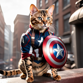 bengal cat as captain america from avengers, in action, cute and happy.