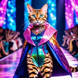 bengal cat strutting down the fashion show catwalk stage in an extravagant cosmic-themed outfit with iridescent fabrics, high energy and extravagant.