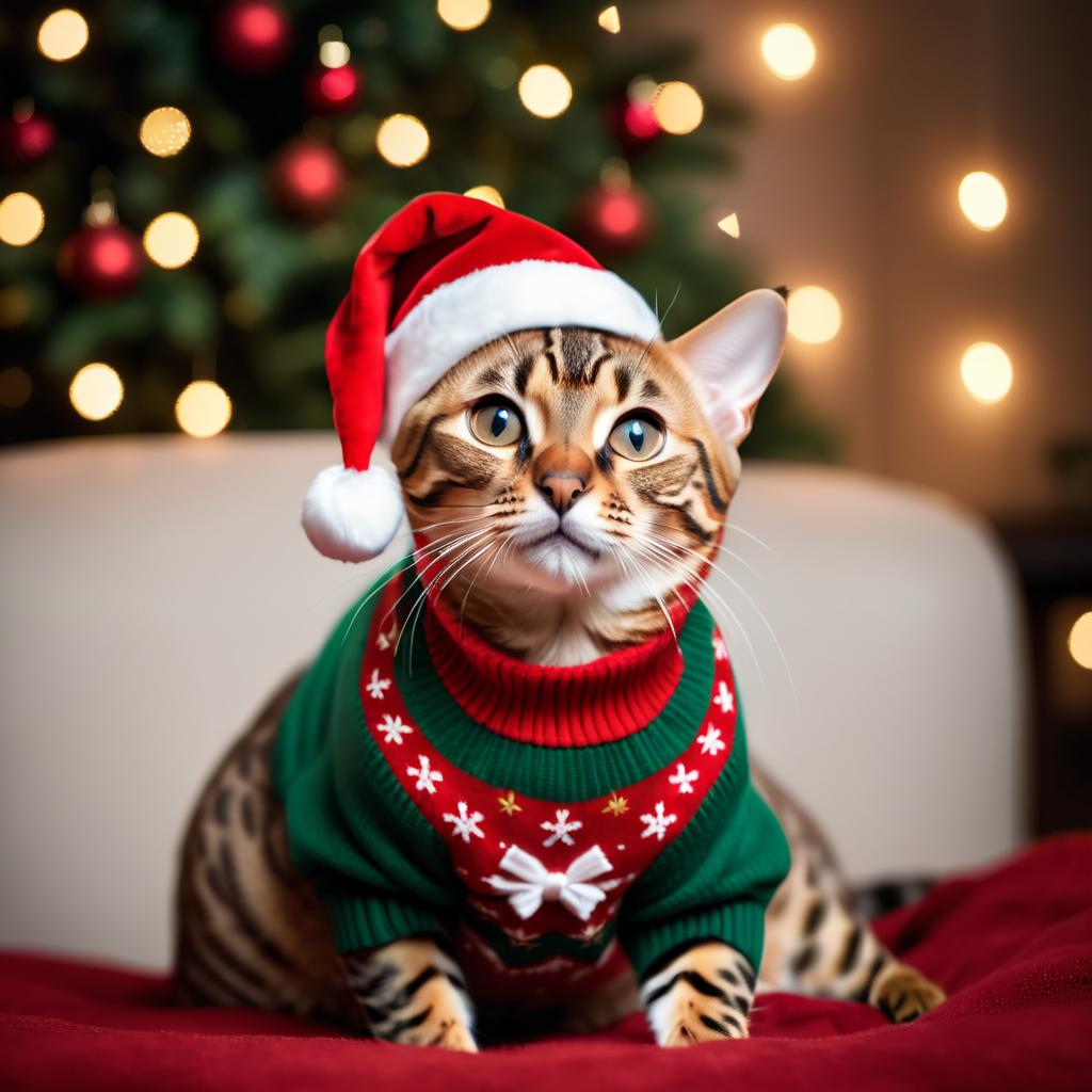 bengal cat in a christmas sweater and santa hat, festive and detailed.