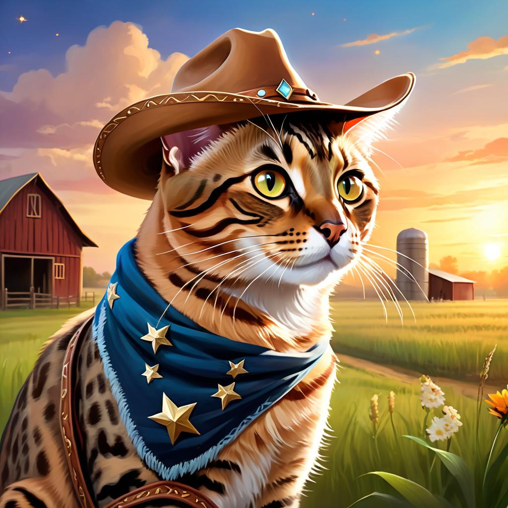 bengal cat as a cowboy wearing a hat, in the midwest countryside, on a farm.