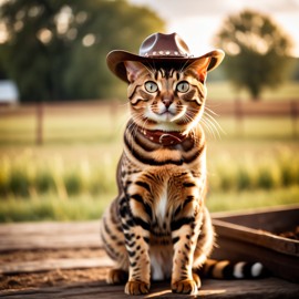 bengal cat as a cowboy wearing a hat, in the midwest countryside, on a farm.