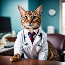 bengal cat as a doctor in an office, detailed and charming, with high budget, bokeh, and a moody atmosphere.