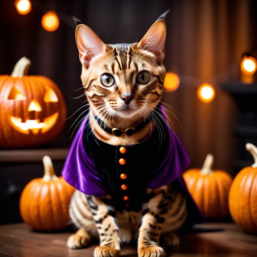 bengal cat in a halloween costume with pumpkins and eerie decorations, highlighting their festive spirit.