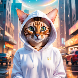 bengal cat in a white hoodie, featuring a magical and ethereal urban setting with a cute and happy vibe.