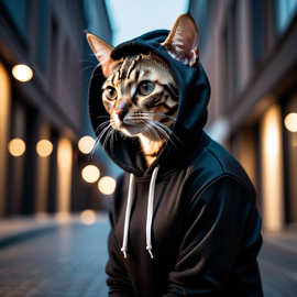 bengal cat in a black hoodie, set against a modern urban backdrop, emphasizing a stylish and trendy look.