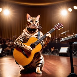 bengal cat as a musician playing guitar in a cinematic concert hall, capturing dynamic and high-energy performance.