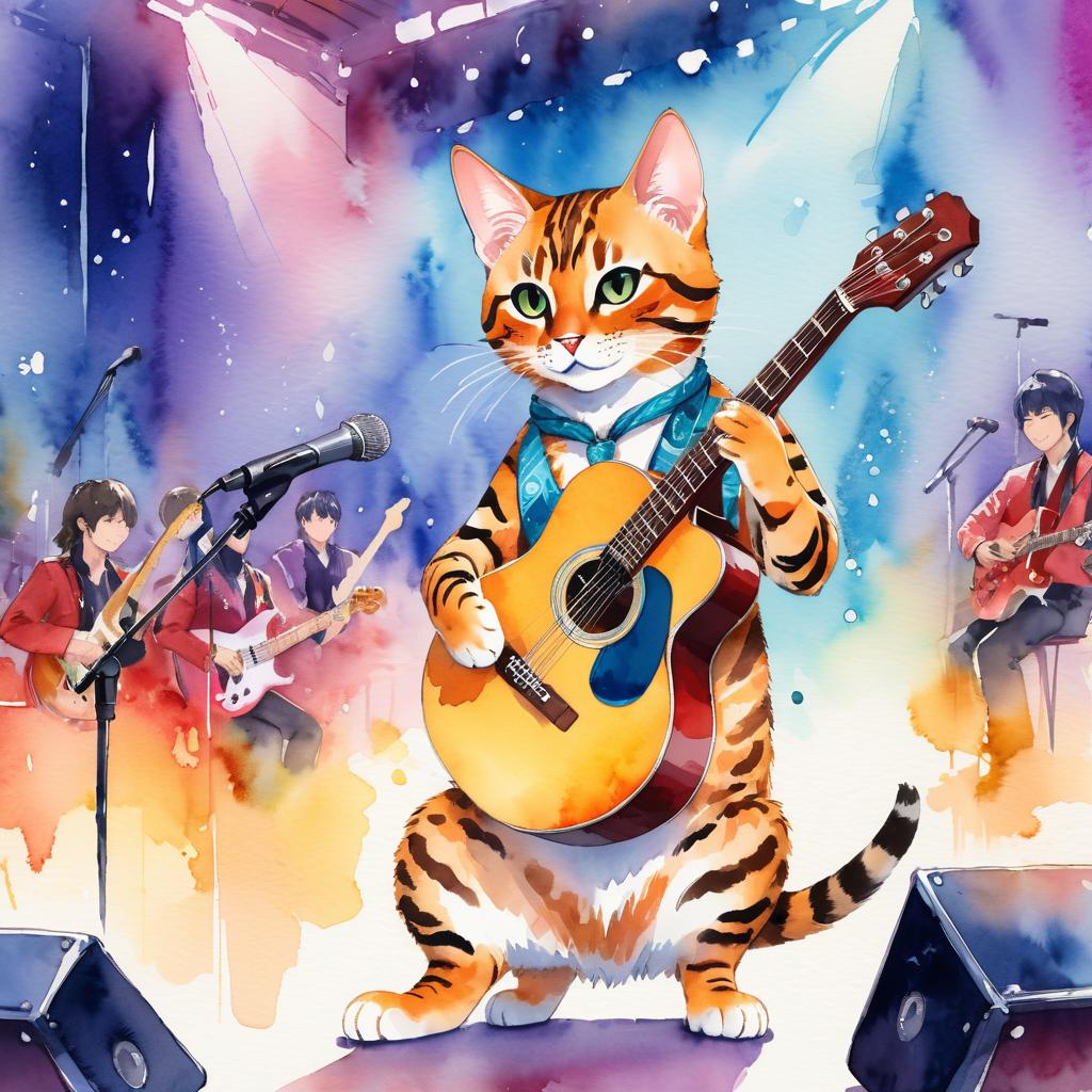 bengal cat as a musician in a watercolor painting, playing guitar in a vibrant and detailed concert hall scene.