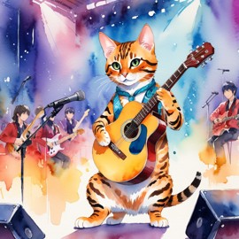 bengal cat as a musician in a watercolor painting, playing guitar in a vibrant and detailed concert hall scene.