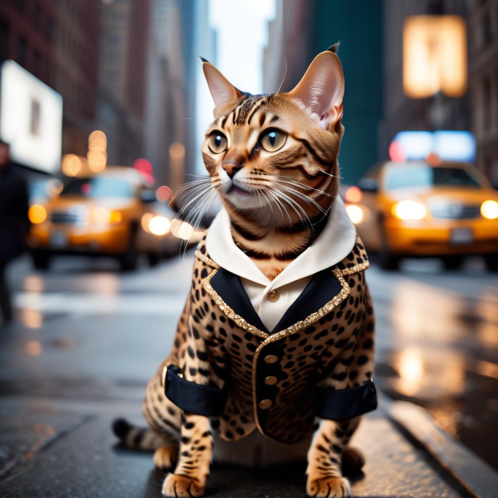 bengal cat in new york, dressed in classy clothing, against an iconic nyc backdrop with a cinematic, high-detail style.