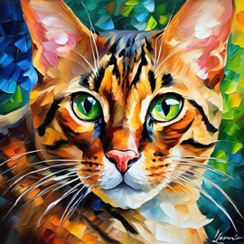 knife oil painting of bengal cat in the style of leonid afremov and degas, featuring vibrant, textured brushstrokes.