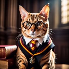 bengal cat as harry potter, with glasses and hogwarts setting, capturing the magical and epic essence.