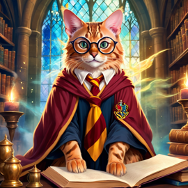 bengal cat as harry potter, with glasses and a magical hogwarts setting, evoking a celestial and epic feel.