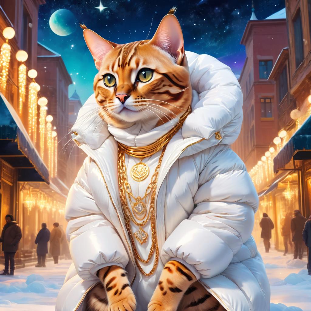 bengal cat in a white puffer coat with golden hip hop chains, in a posh urban environment, looking cute and happy.