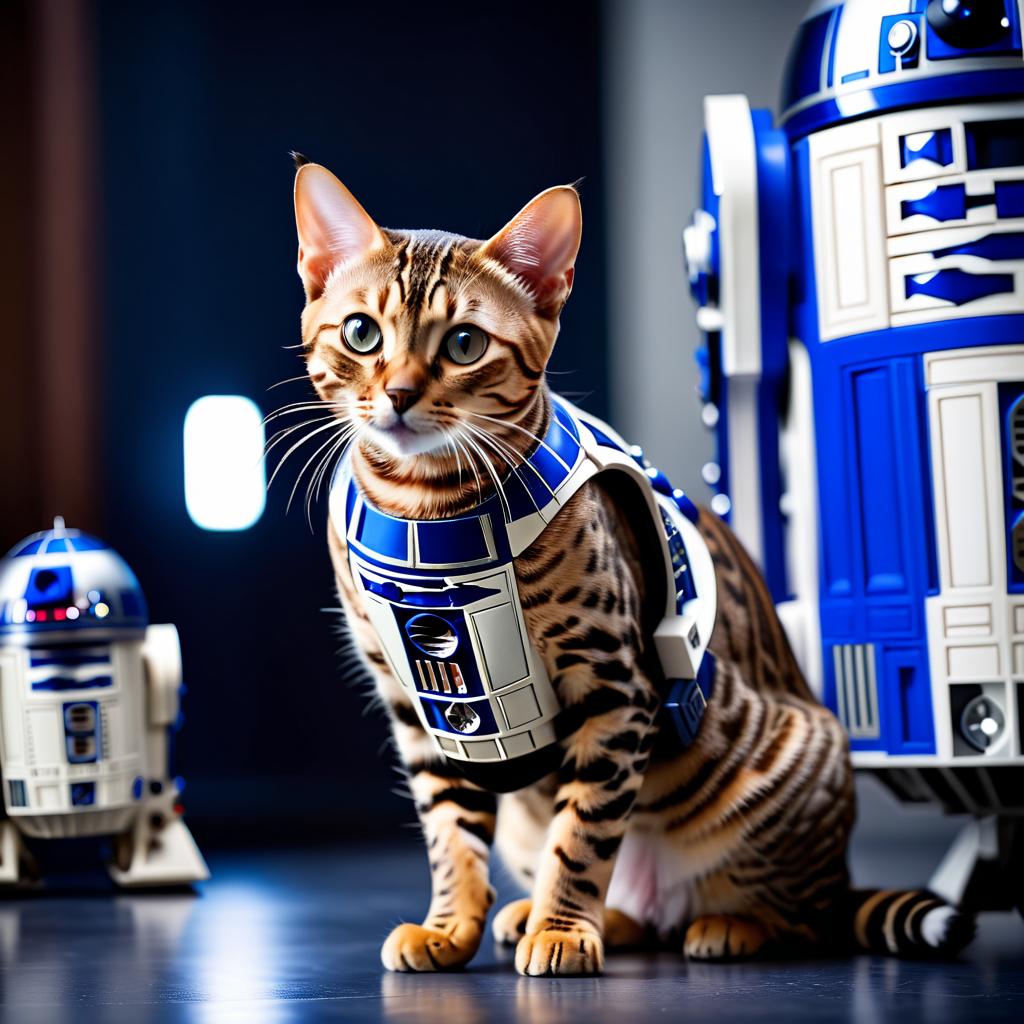 bengal cat as r2d2 from star wars, dressed as r2d2 in a detailed star wars scene.