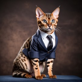 bengal cat in a stylish suit, posing against a diffused background, looking cute and professional.