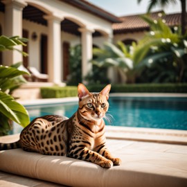 bengal cat suntanning next to a luxurious villa pool, capturing a posh and happy moment.